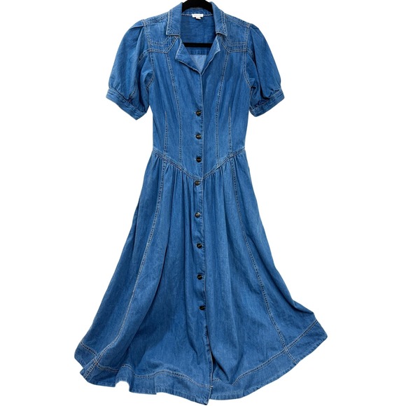 PILCRO & The LETTERPRESS Denim Jean Button Front Puff Sleeve Midi Dress Size 8 - Picture 3 of 11